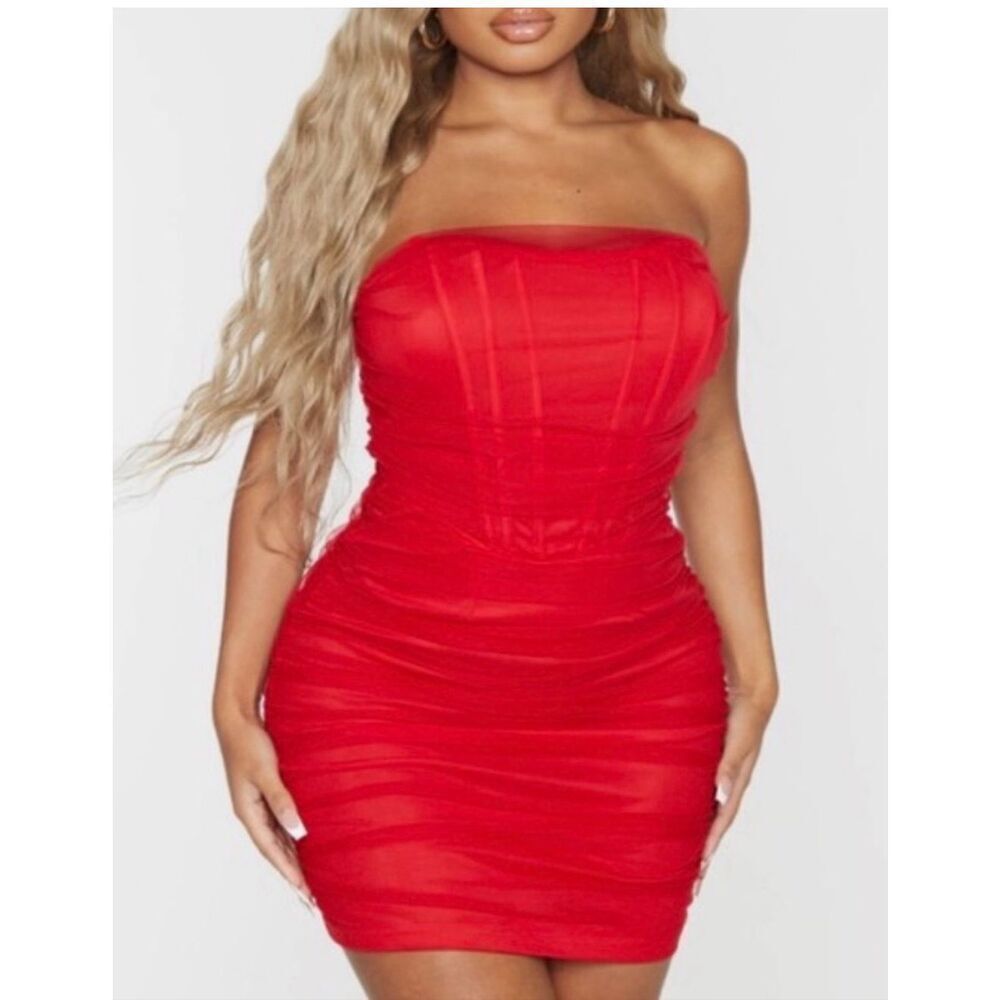 Pretty Little Thing SHAPE Red MESH CORSETED DETAIL RUCHED BODYCON DRESS Size 4